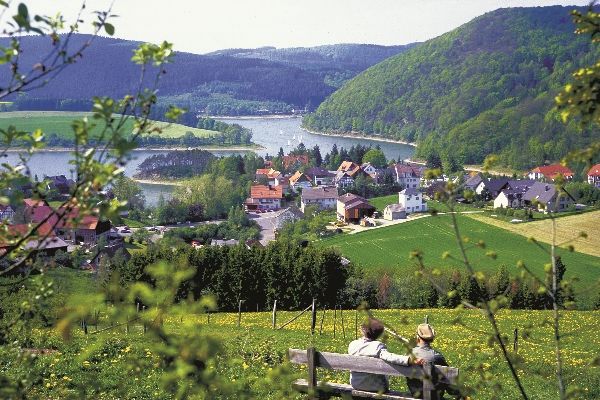 Uitzicht op het natuurpark Diemelsee vanaf de oever boven Heringhausen