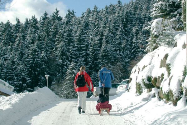 Schlittenwanderung von Familie im Sauerland-Winter